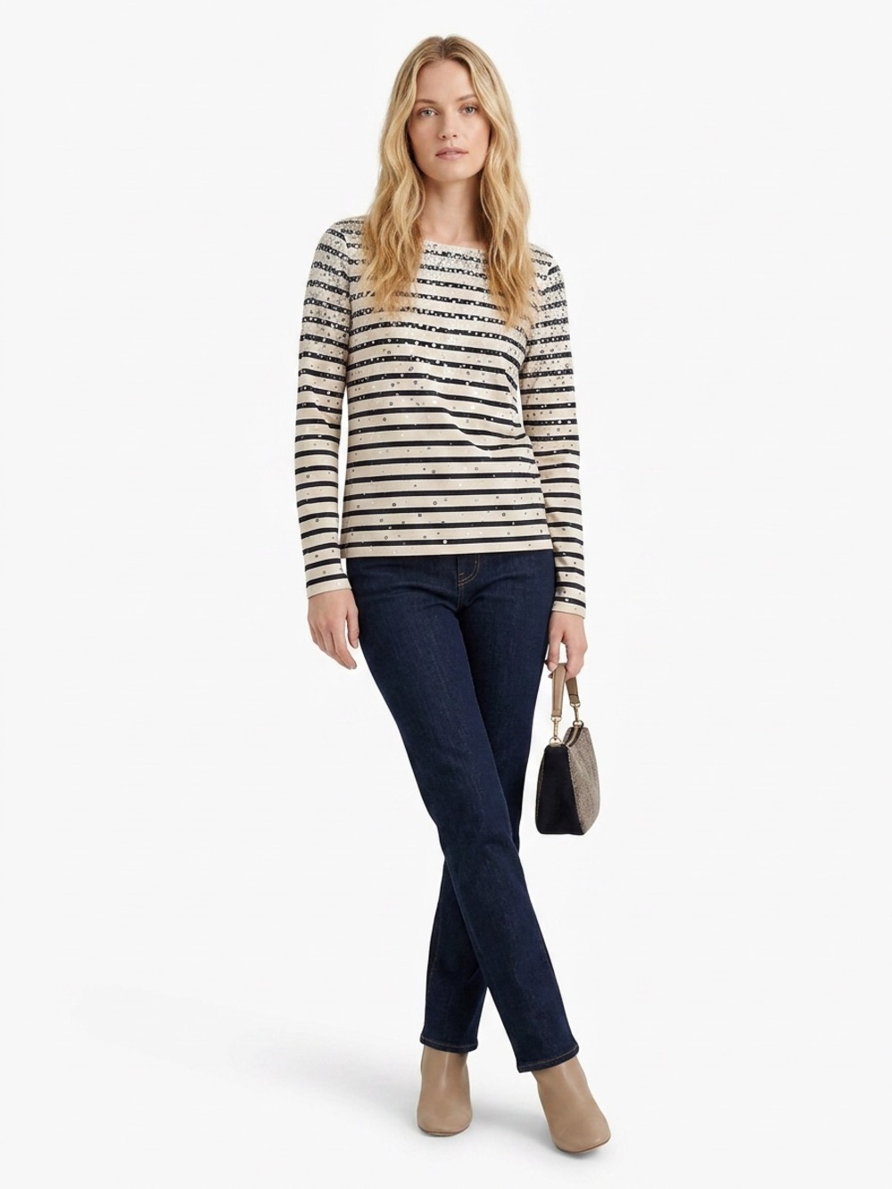 J. Crew Sequin Stripe Long Sleeve Boat Neck Top in Very Dark Navy & Cream Sz L